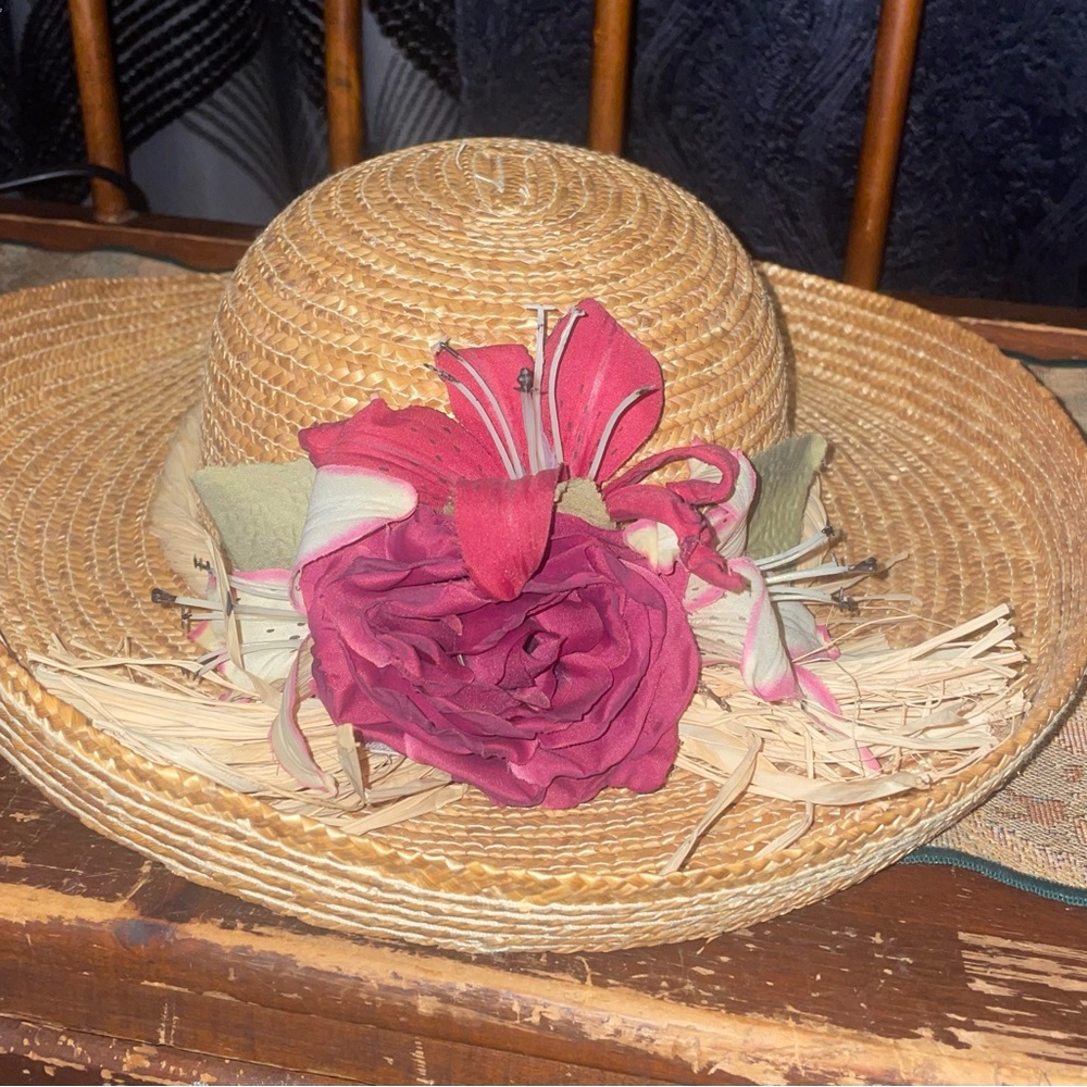 Floral Straw Hat with Pink Accents